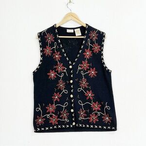 Bobbie Brooks red poinsettia Hoilday button up sweater vest gold beads